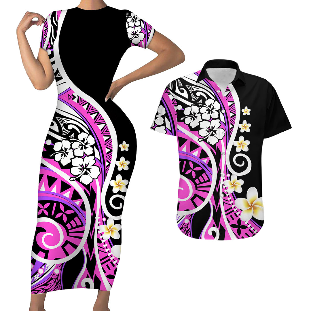 Plumeria Polynesian Couples Matching Outfits Combo Bodycon Dress And Hawaii Shirt Trending Pink LT6 - Polynesian Pride