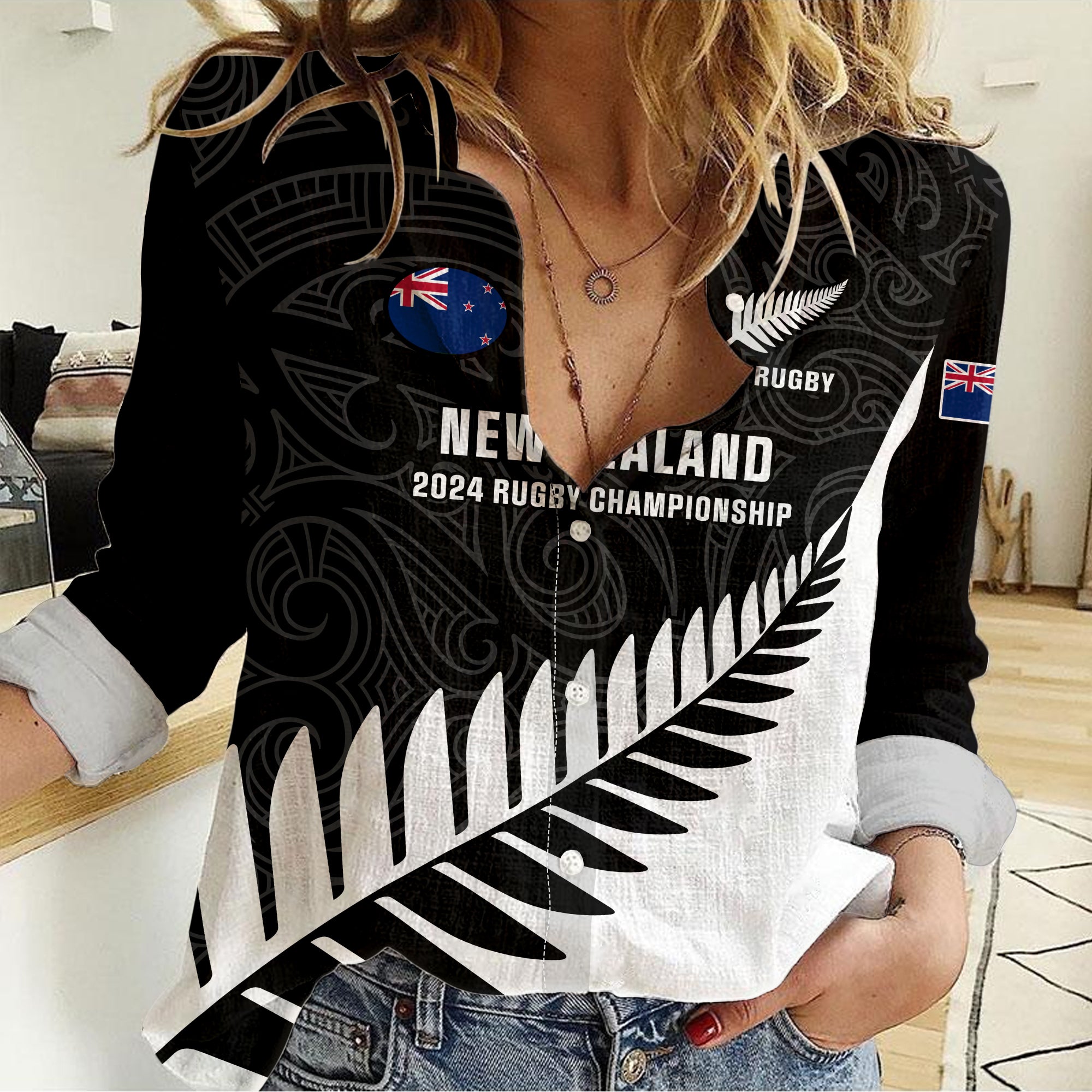 Personalised New Zealand Silver Fern Rugby Women Casual Shirt All Black 2024 Go Champions Maori Pattern LT14