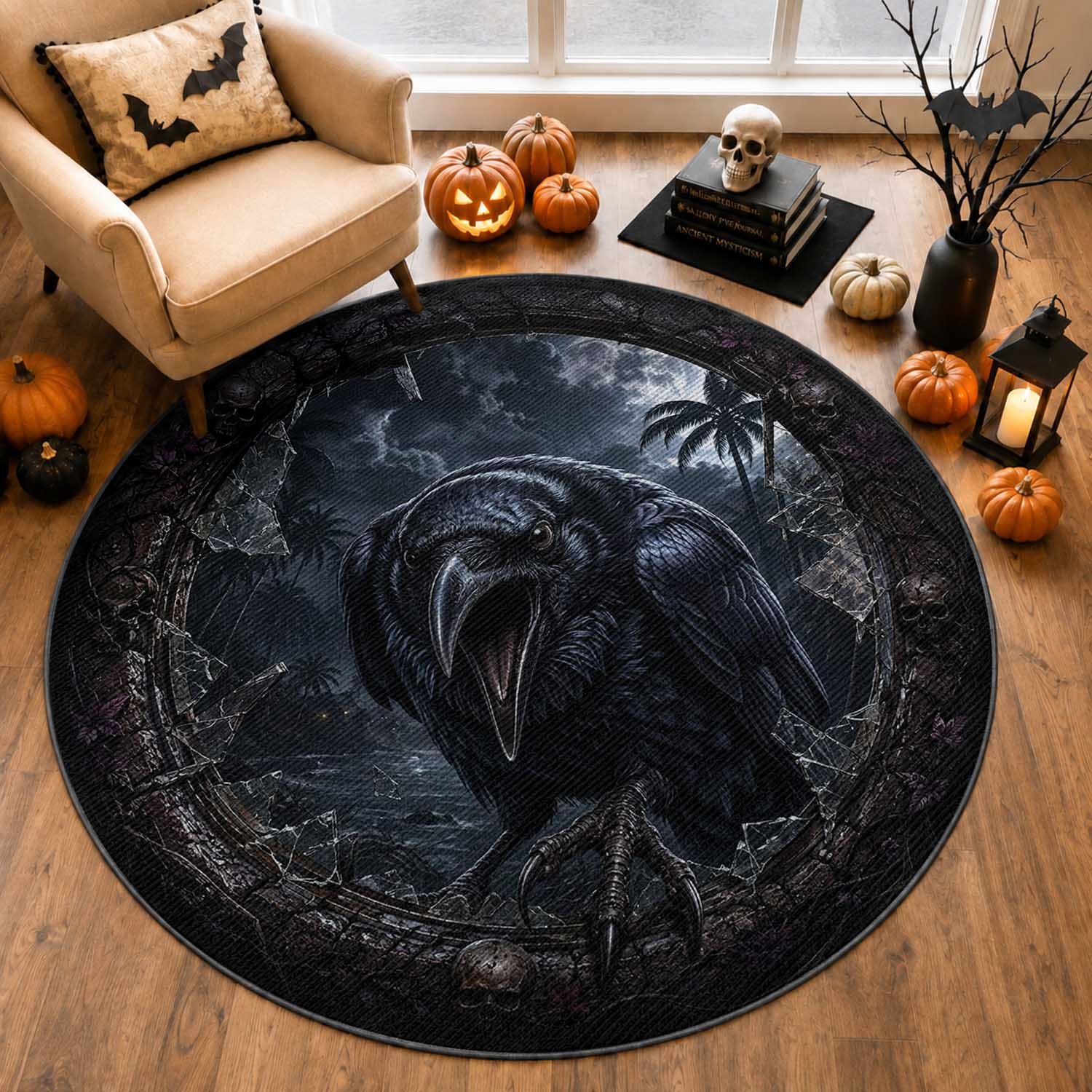 3D Illusion Halloween Hawaiian Alala Crow Round Carpet