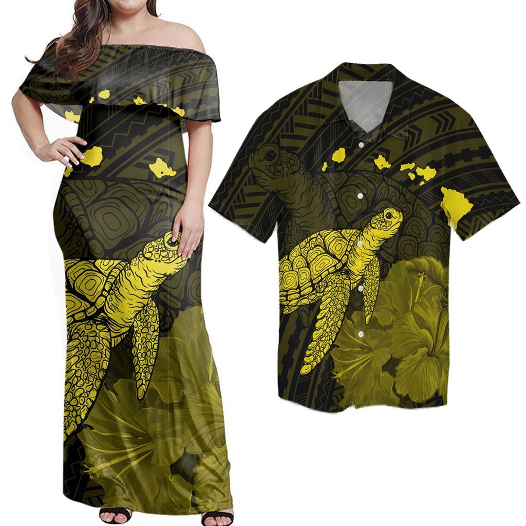 Matching Dress and Hawaiian Shirt Hawaii Polynesian Hibiscus Turtle Map Yellow RLT14 No Dress - Polynesian Pride