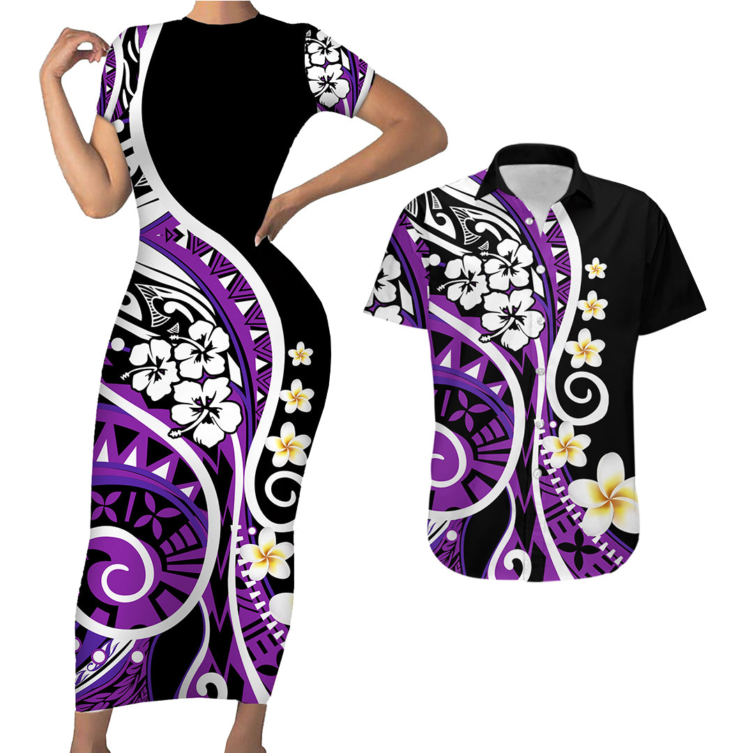 Plumeria Polynesian Couples Matching Outfits Combo Bodycon Dress And Hawaii Shirt Trending Purple LT6 - Polynesian Pride