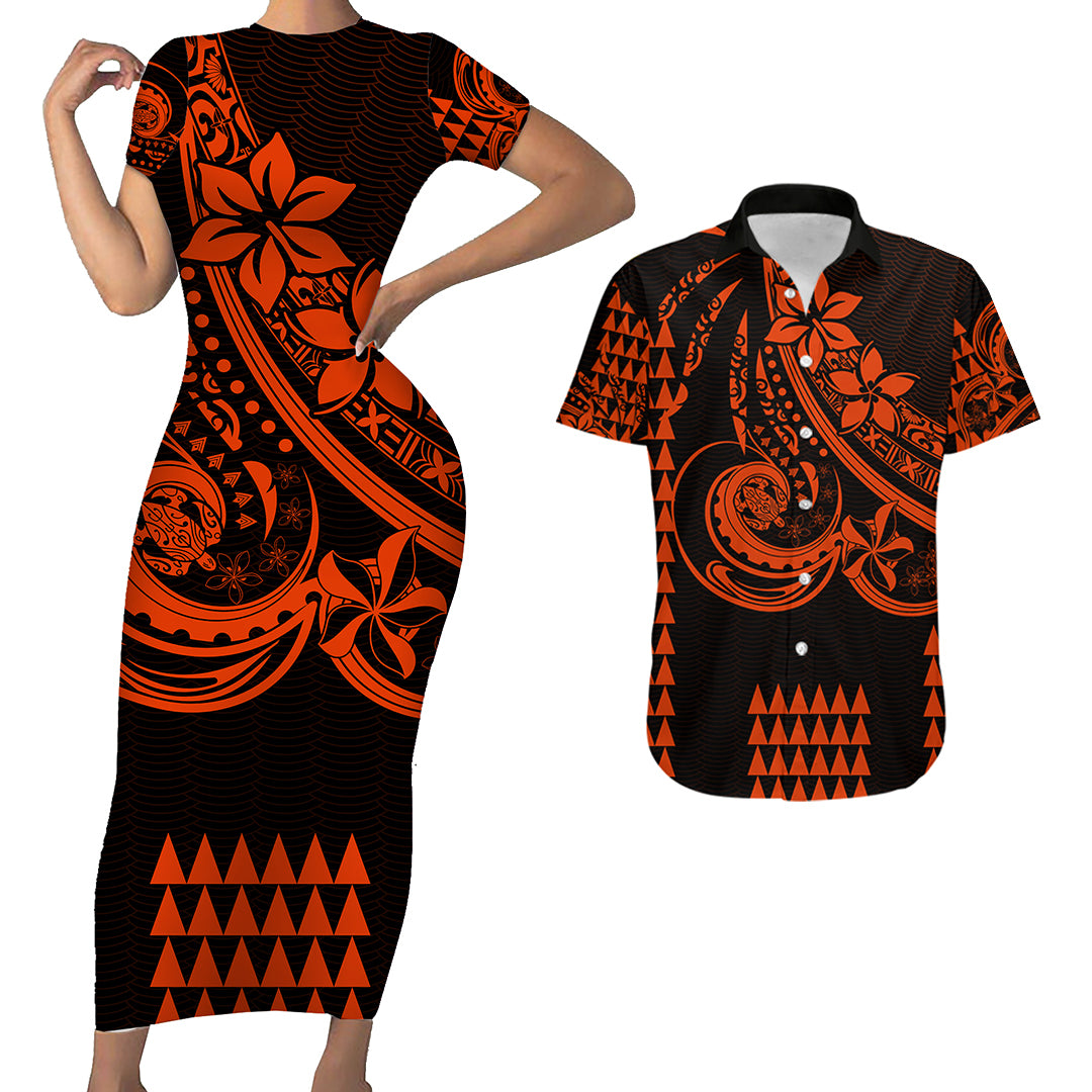 Kakau Hawaiian Polynesian Couples Matching Outfits Combo Bodycon Dress And Hawaii Shirt Orange LT6 - Polynesian Pride