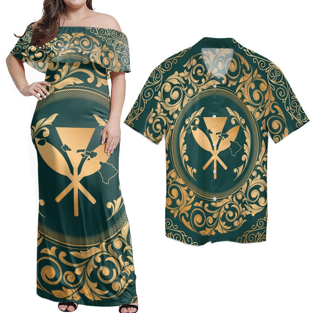 Hawaii Couple Outfits Matching Dress and Hawaiian Shirt Hawaii Map Classic Floral Green RLT14 No Dress - Polynesian Pride