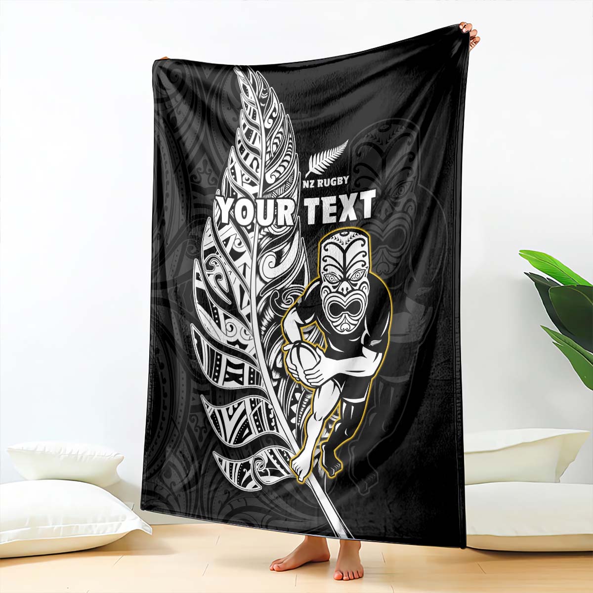 (Custom Personalised) New Zealand Silver Fern Rugby Premium Blanket All Black Maori Version Black LT14