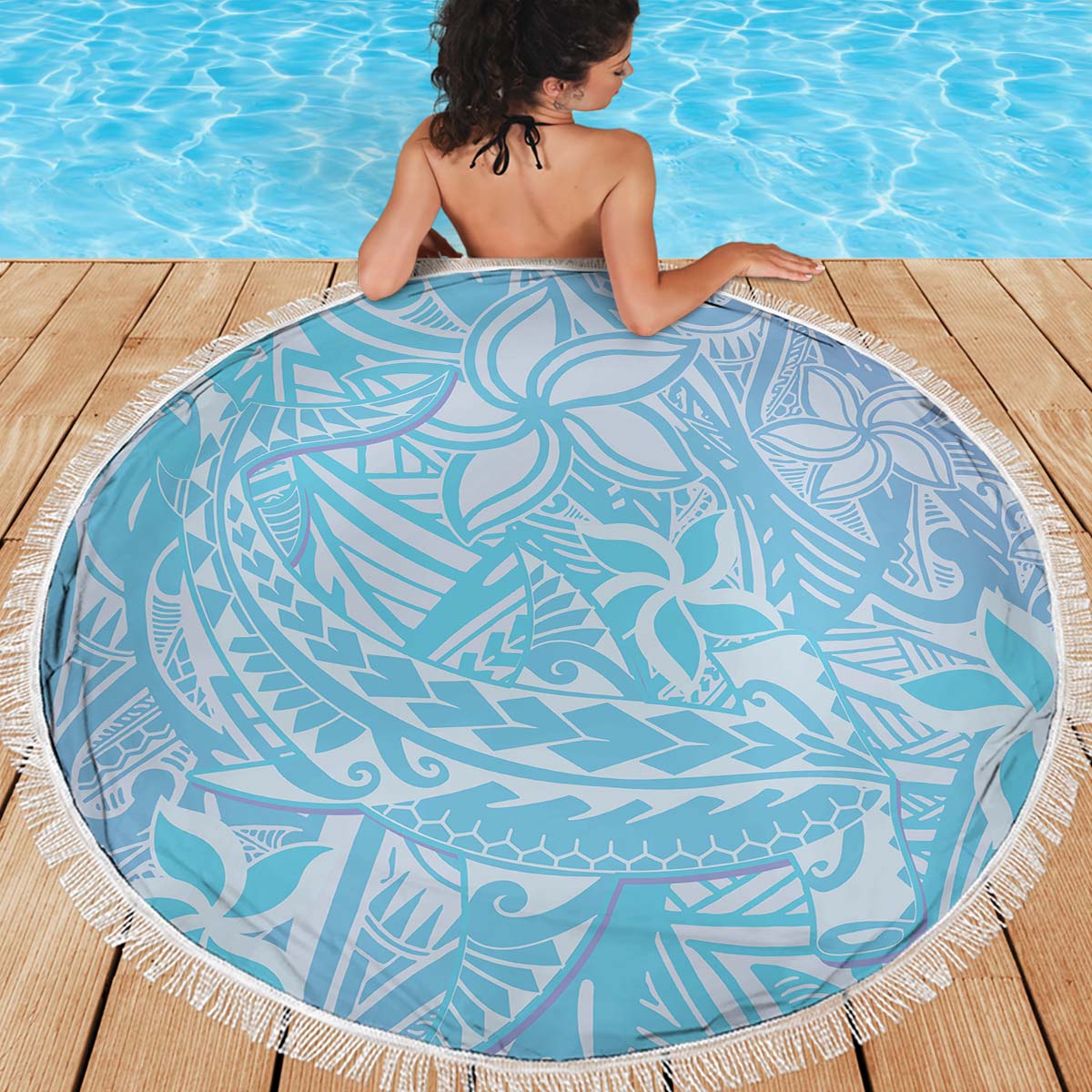 Baby Blue Gradient Polynesia Beach Blanket Hawaiian Tribal Hammerhead Shark Tattoo LT14 - Polynesian Pride