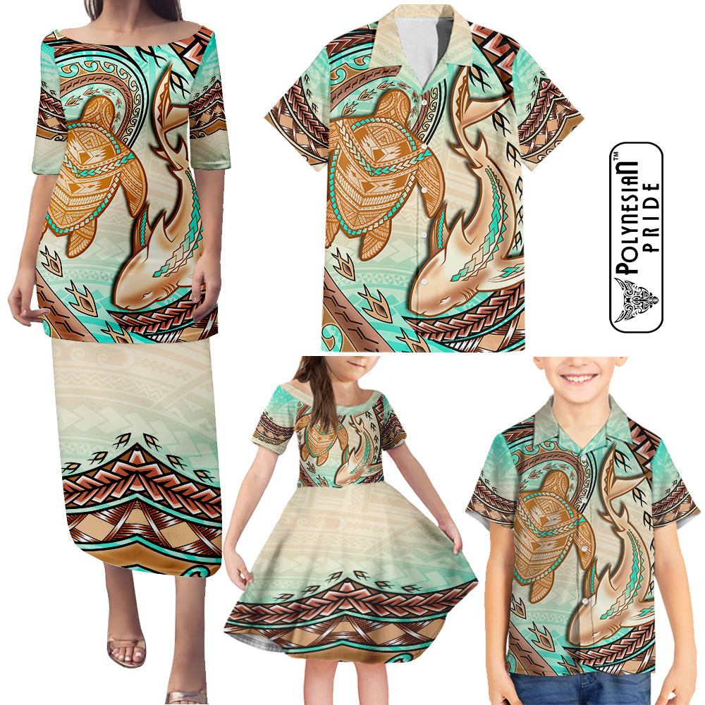 Hawaii Family Matching Outfits Puletasi Dress And Hawaiian Shirt Polynesian Shark Sea Turtle Dreamy LT14 - Polynesian Pride