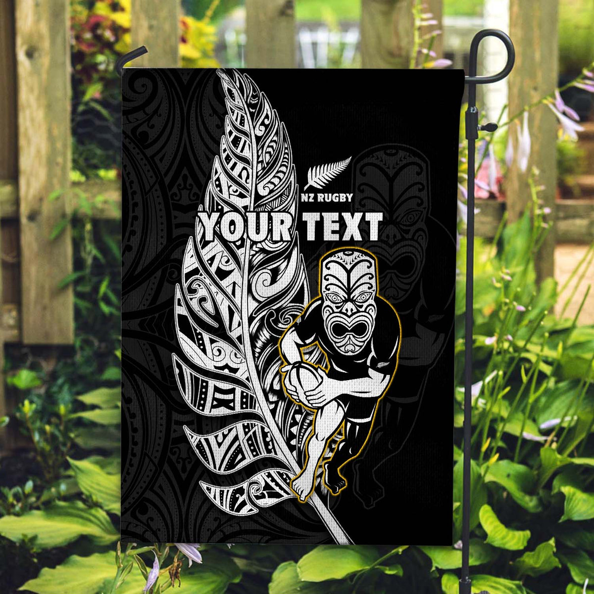 (Custom Personalised) New Zealand Silver Fern Rugby Flag All Black Maori Version Black LT14 - Polynesian Pride