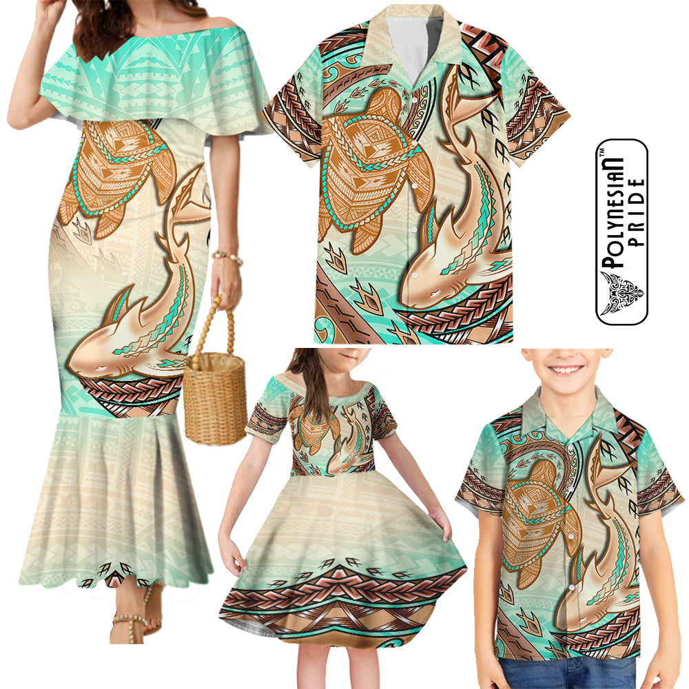 Hawaii Family Matching Outfits Mermaid Dress And Hawaiian Shirt Polynesian Shark Sea Turtle Dreamy LT14 - Polynesian Pride