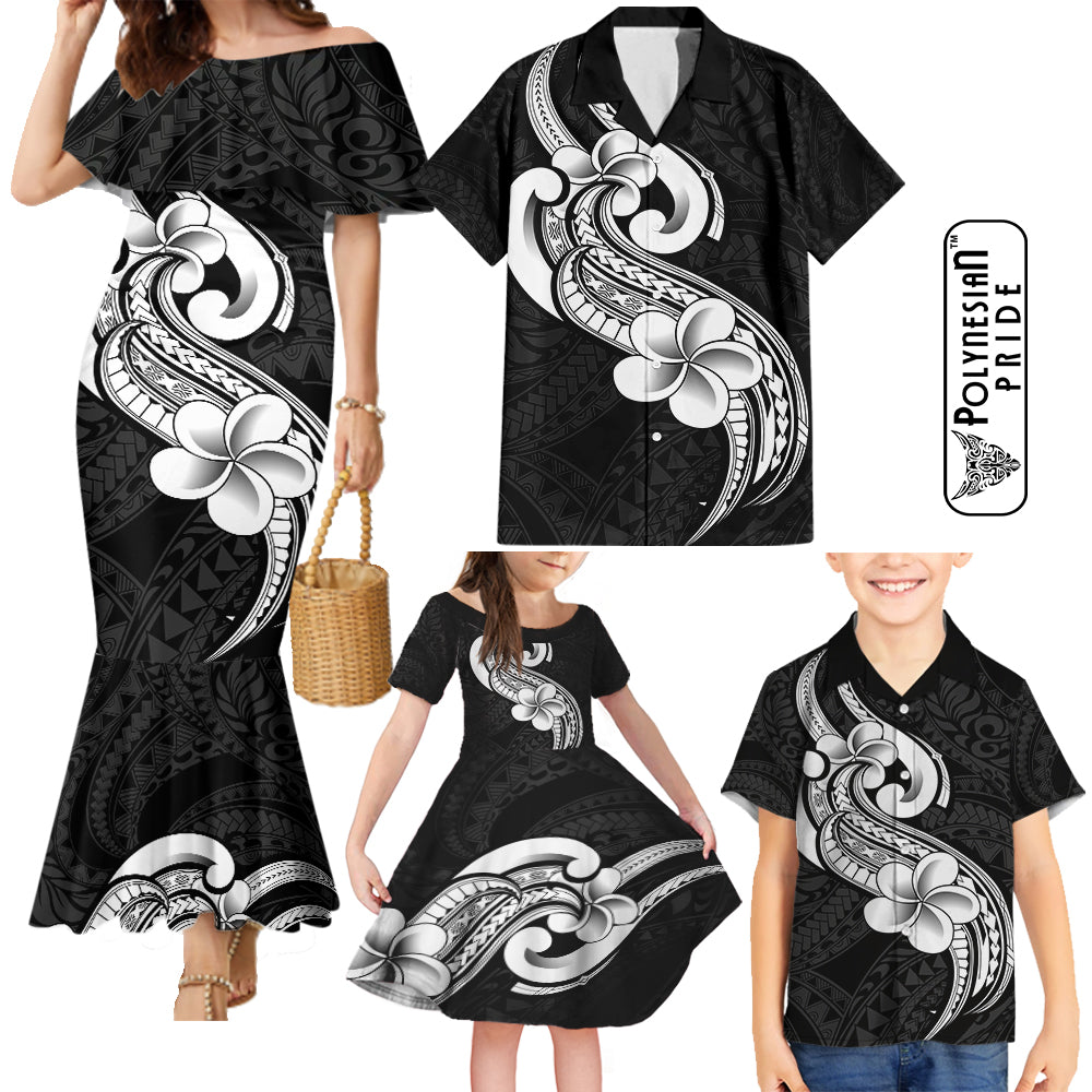 Polynesia Family Matching Outfits Mermaid Dress And Hawaiian Shirt Plumeria With Tribal Pattern Black Vibes LT14 - Polynesian Pride