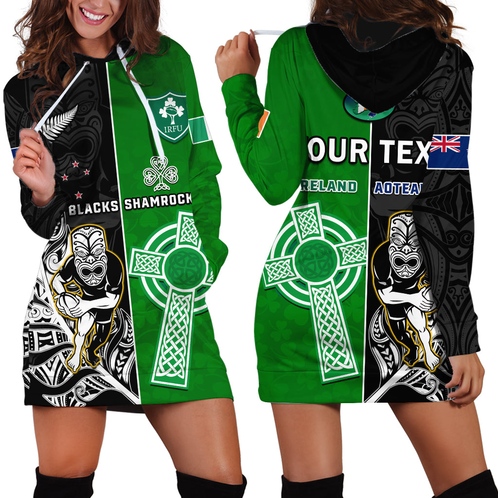 (Custom Personalised) New Zealand And Ireland Rugby Hoodie Dress All Black Maori Mix Shamrocks LT14 Black - Polynesian Pride