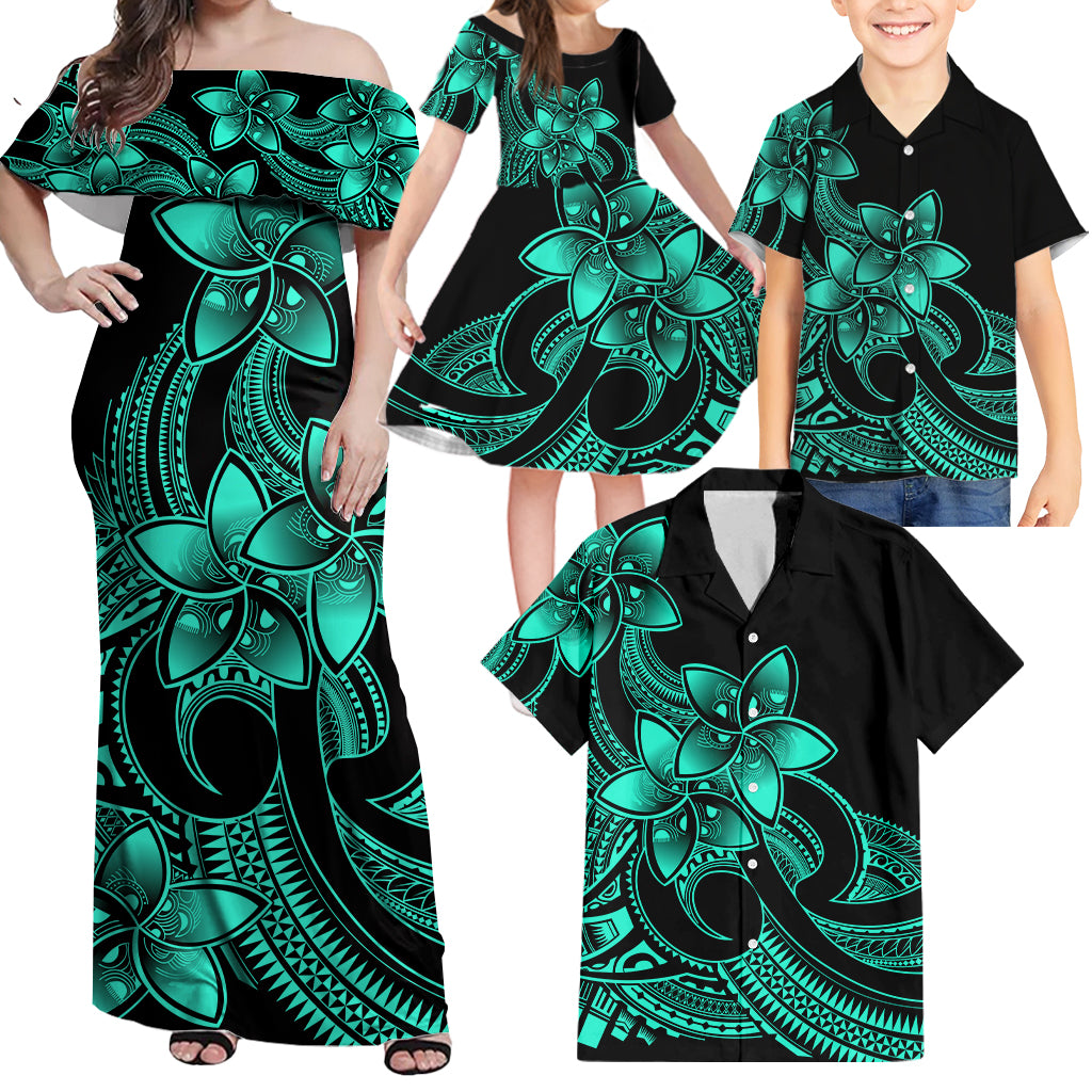 Polynesian Matching Outfit For Family Plumeria Flowers Long Dress Hawaiian Shirt Polynesian Tribal Aqua Vibe LT9 Daughter's Dress - Polynesian Pride