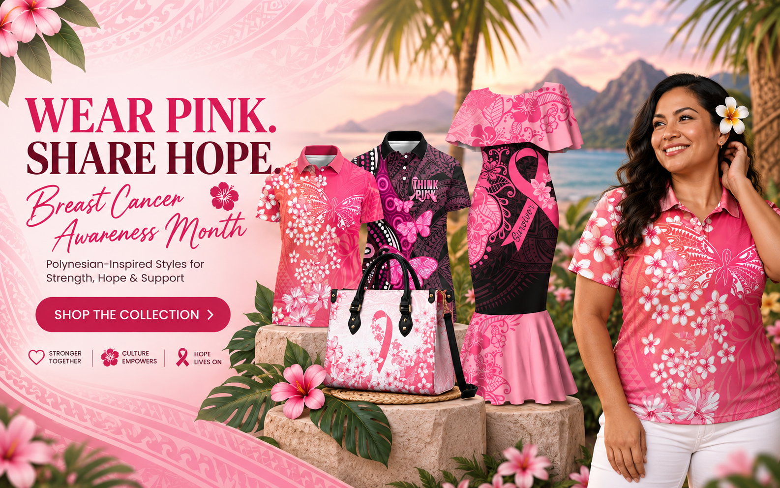 A promotional collage for Breast Cancer Awareness featuring multiple pink and black patterned apparel items displayed on mannequins and a woman wearing a pink floral shirt, set against a tropical beach backdrop with palm trees and mountains. Large text reads 'WEAR PINK.
