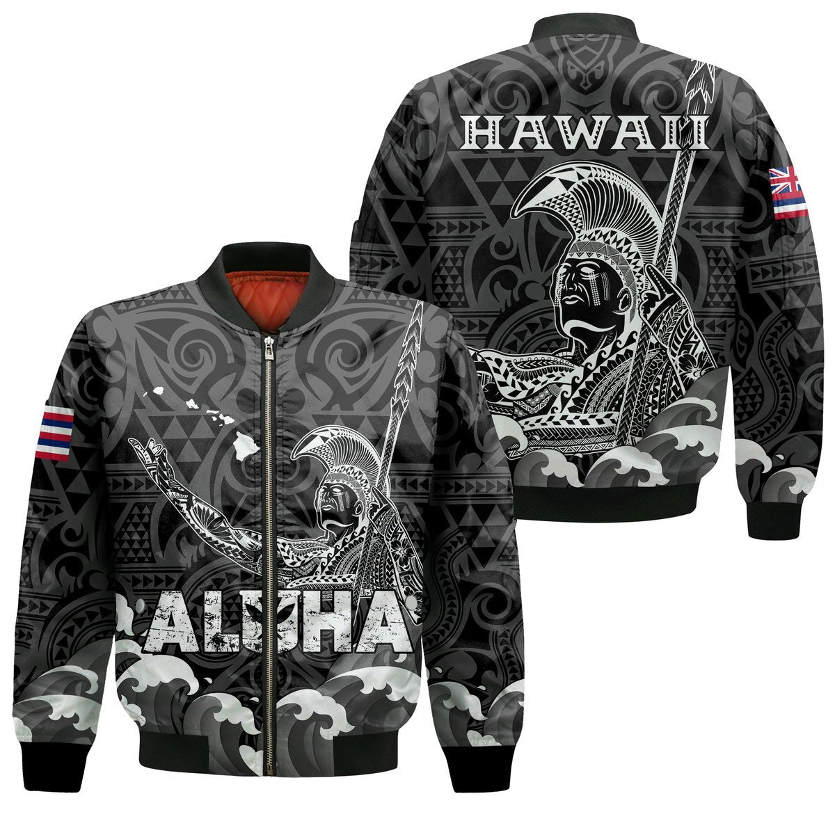 Hawaii King Kamehameha Aloha Hawai'i Nei Bomber Jacket - LT2 Unisex BLACK - Polynesian Pride