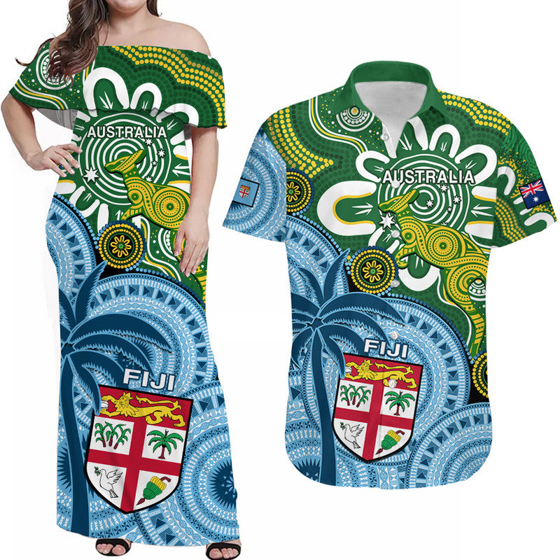 Personalised Australia And Polynesian Matching Hawaiian Shirt and Dress Aboriginal Mix Fijian Tapa Unique LT14 Green - Polynesian Pride