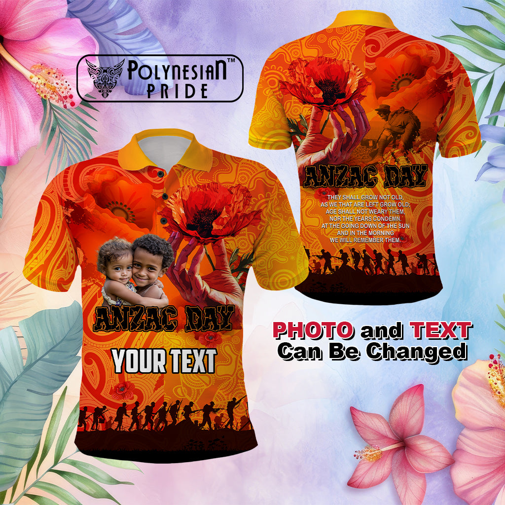 Custom Photo Australia and New Zealand ANZAC Day Polo Shirt Soldiers Memories - Red Poppies with Aboriginal and Maori Art CTM03 Multicolor - Polynesian Pride