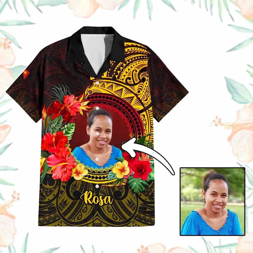 Custom Photo Papua New Guinea Hawaiian Shirt Coat Of Arms Tropical Flowers Polynesian Pattern CTM05 Black - Polynesian Pride