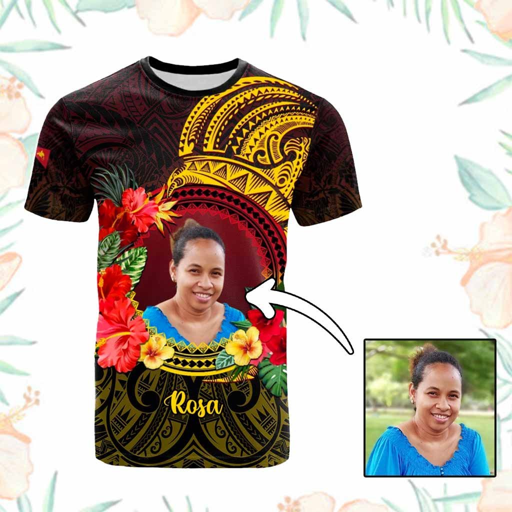 Custom Photo Papua New Guinea T Shirt Coat Of Arms Tropical Flowers Polynesian Pattern CTM05 Black - Polynesian Pride