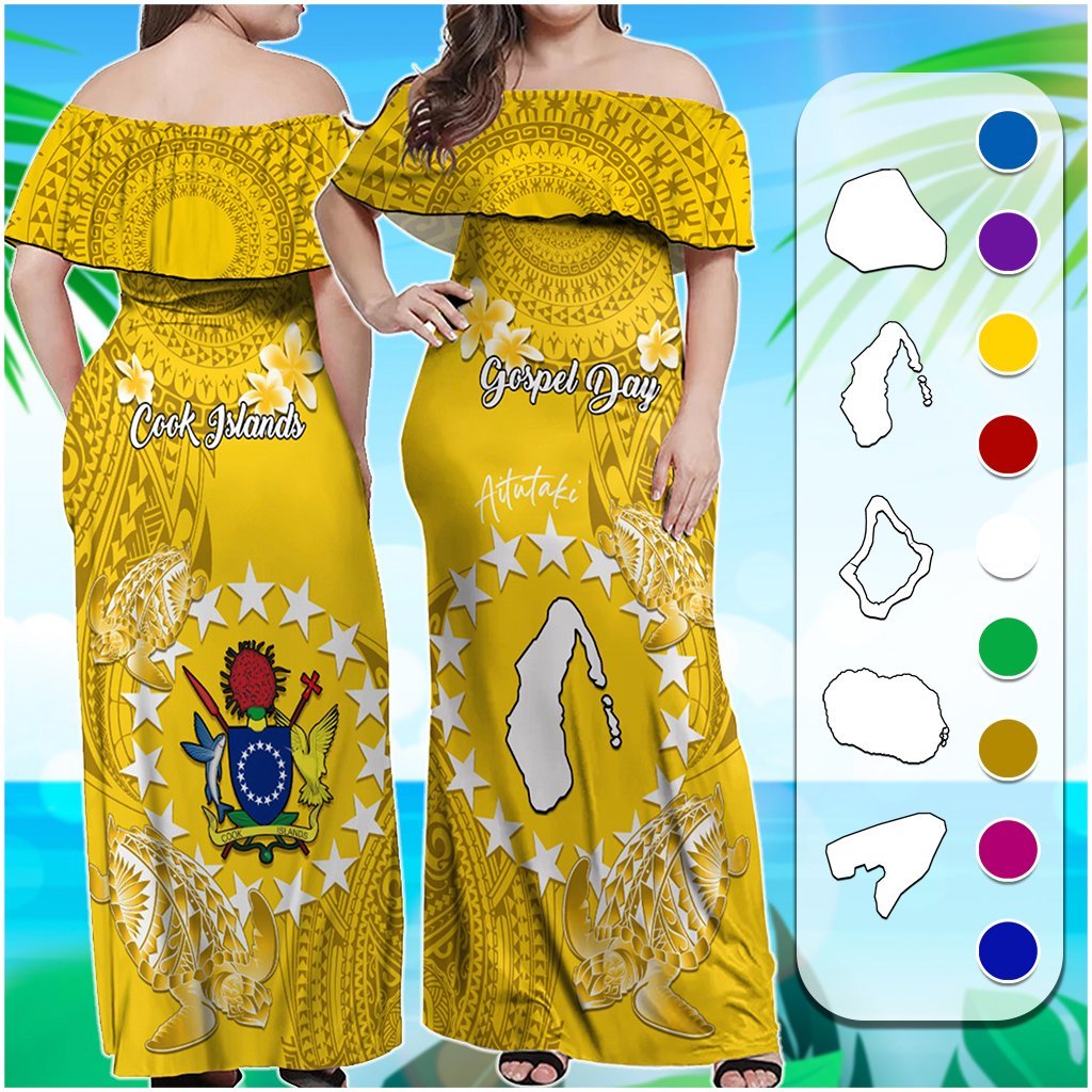 Custom Cook Islands Gospel Day Off Shoulder Maxi Dress Islands Map Plumeria Polynesian Pattern CTM05 Women Multicolor - Polynesian Pride