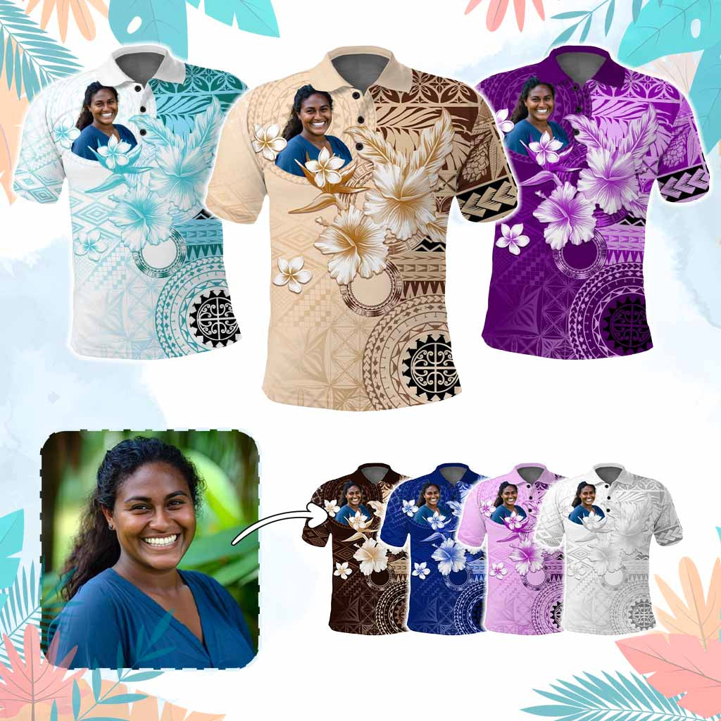 Custom Photo Samoa Polo Shirt Samoa Siapo Pattern With Hibiscus CTM05 Multicolor - Polynesian Pride