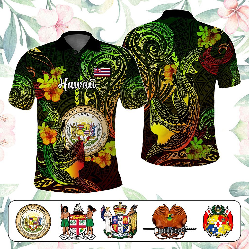 Custom Polynesian Countries Polo Shirt Coat Of Arms Polynesian Tribal Tattoo Shark CTM05 Black - Polynesian Pride
