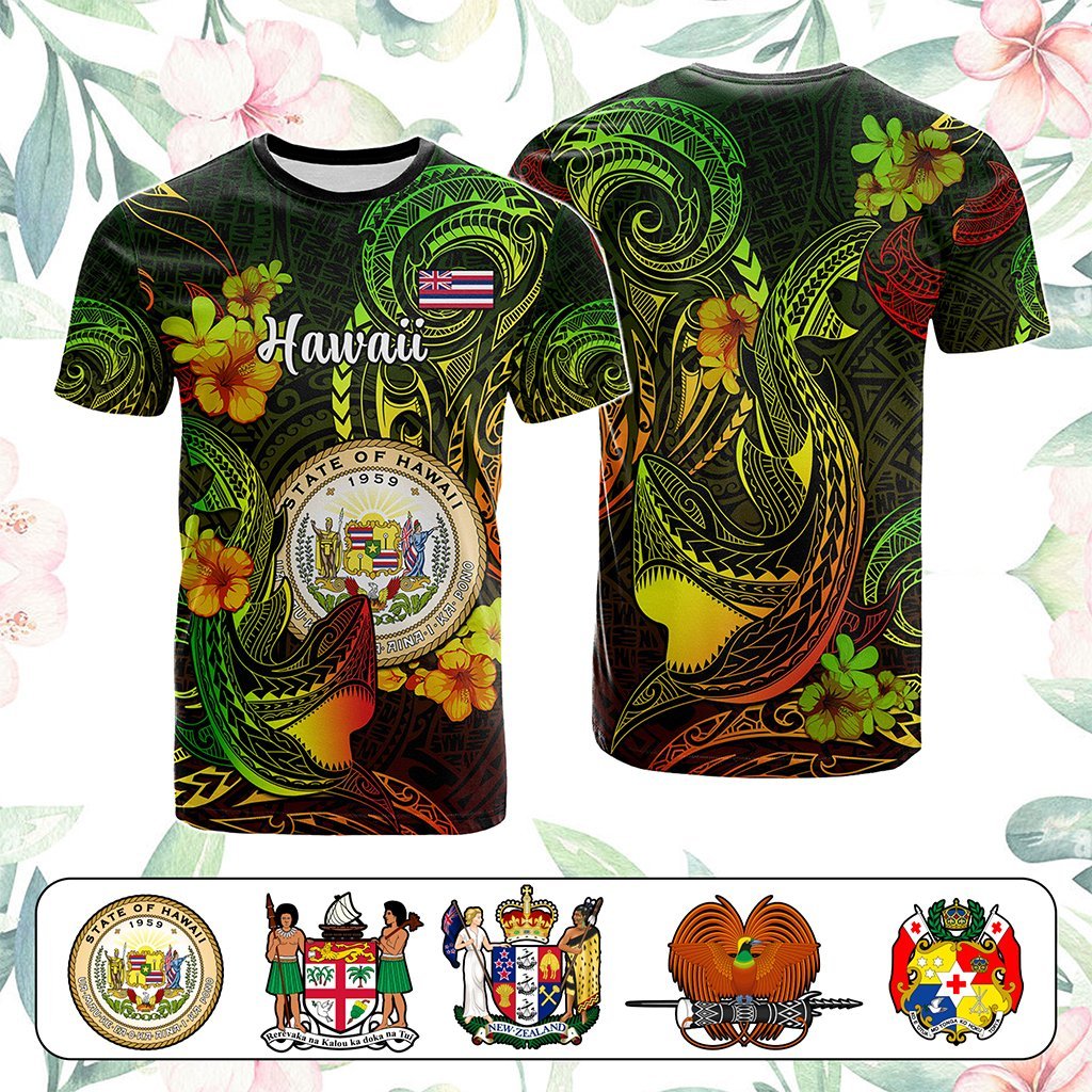 Custom Polynesian Countries T Shirt Coat Of Arms Polynesian Tribal Tattoo Shark CTM05 Black - Polynesian Pride