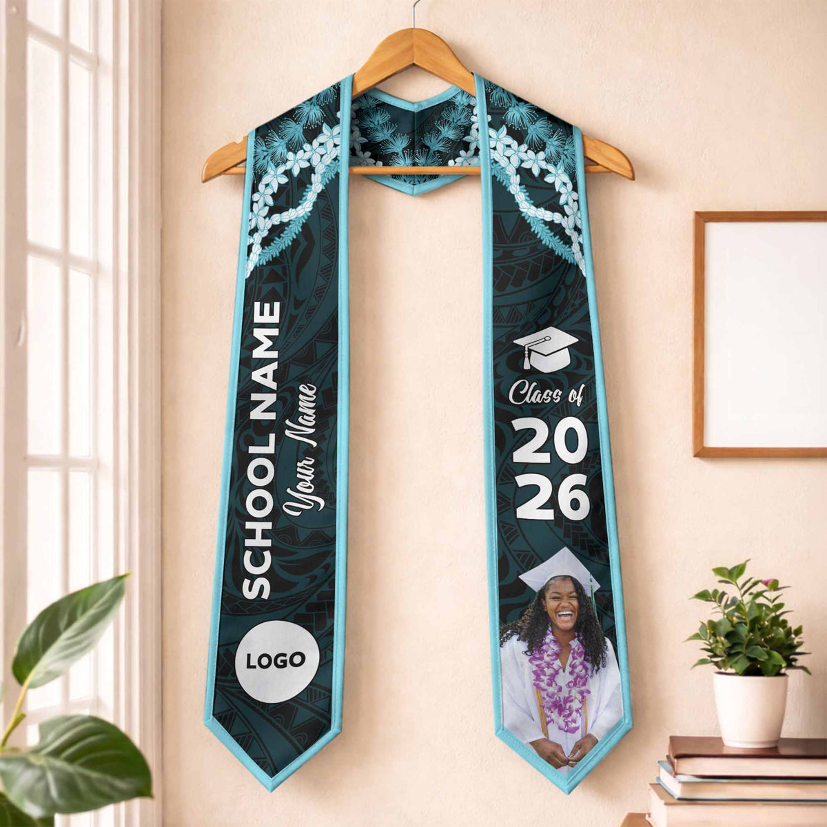 Custom Photo Hawaii Grad Name And Year Graduation Stole Polynesian Pattern With Leis CTM05 One Size Multicolor - Polynesian Pride