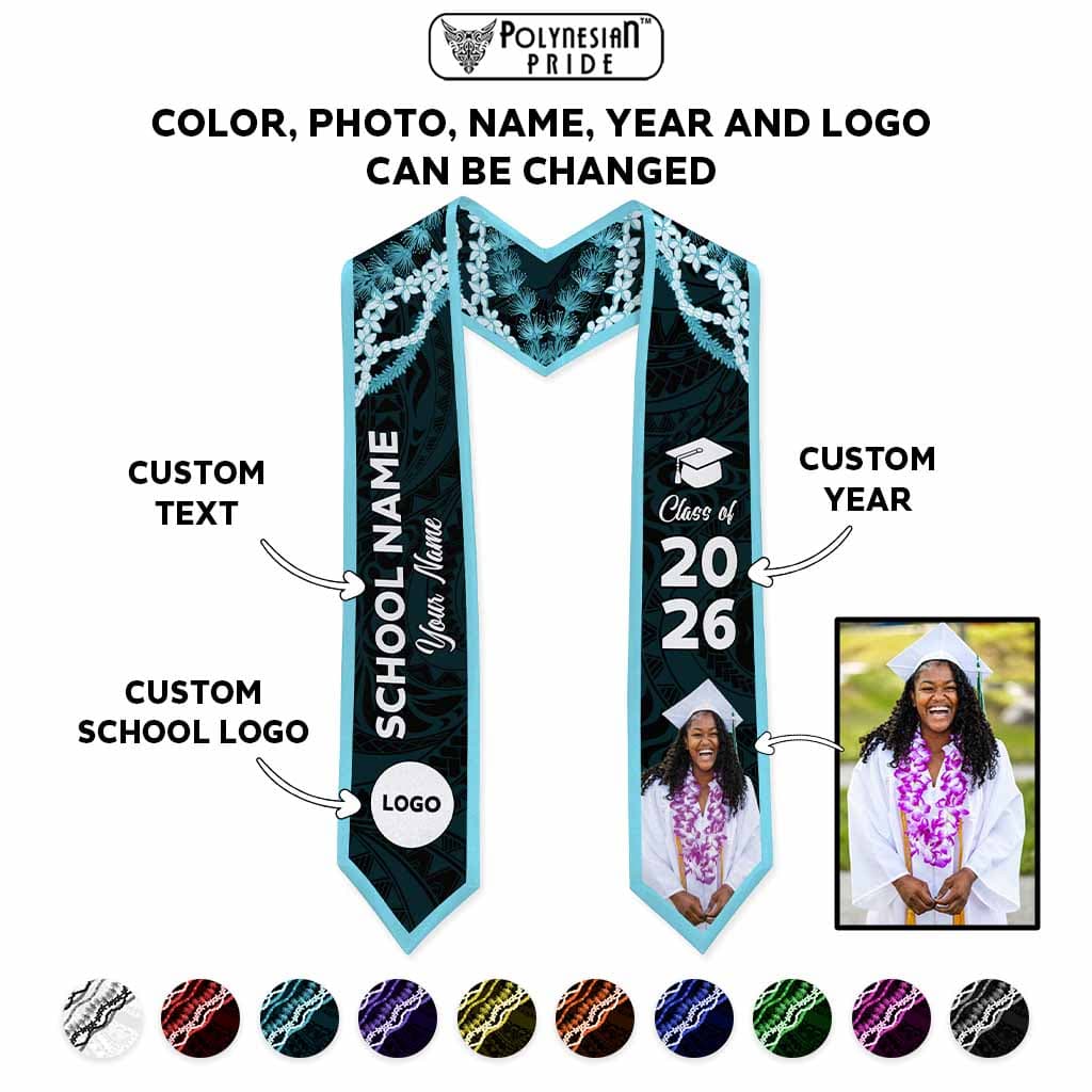 Custom Photo Hawaii Grad Name And Year Graduation Stole Polynesian Pattern With Leis CTM05 - Polynesian Pride