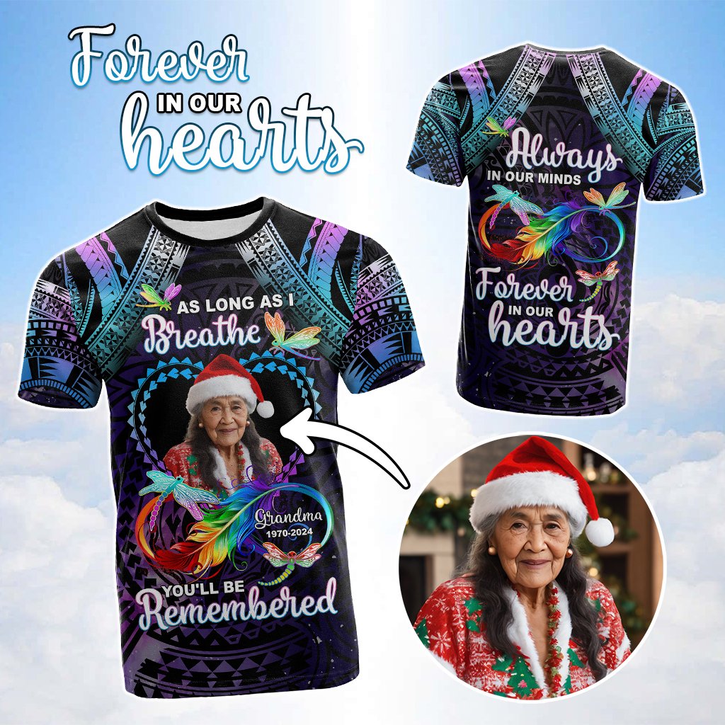 Custom Photo Memorial T Shirt As Long As I Breathe You'll Be Remembered Polynesian Style CTM05 Galaxy - Polynesian Pride