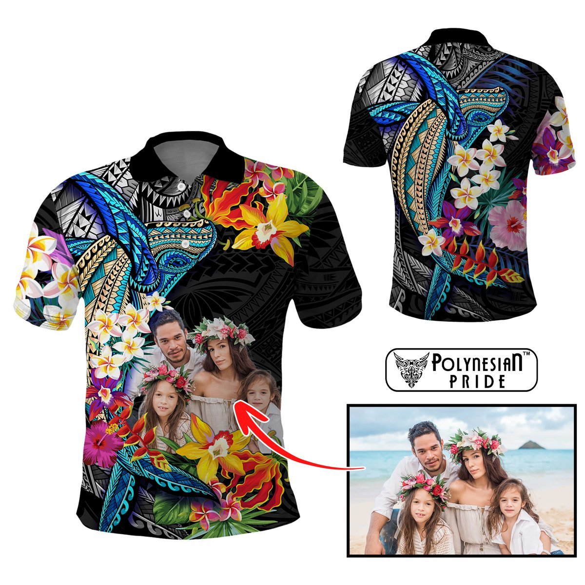 Custom Photo Polynesian Shark Tattoo Polo Shirt Beauty Pacific Flowers CTM09 Multicolor - Polynesian Pride