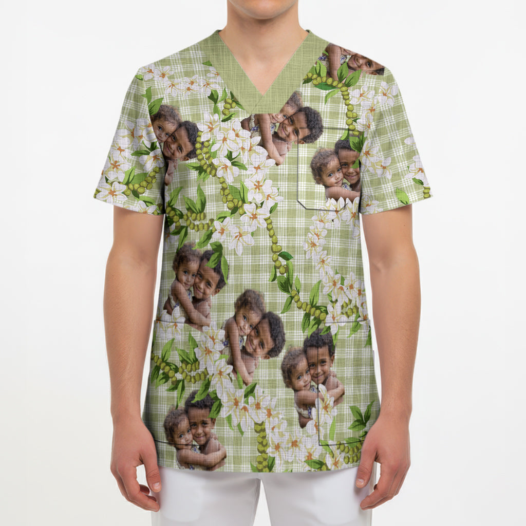 Custom Photo Hawaiian Palaka Scrub Top Mokihana Maile Ilima Leis CTM09 Adult Multicolor - Polynesian Pride