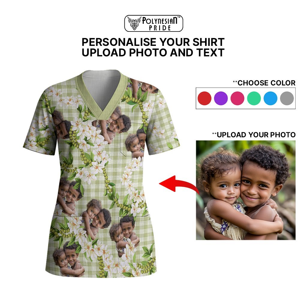 Custom Photo Hawaiian Palaka Scrub Top Mokihana Maile Ilima Leis CTM09 - Polynesian Pride