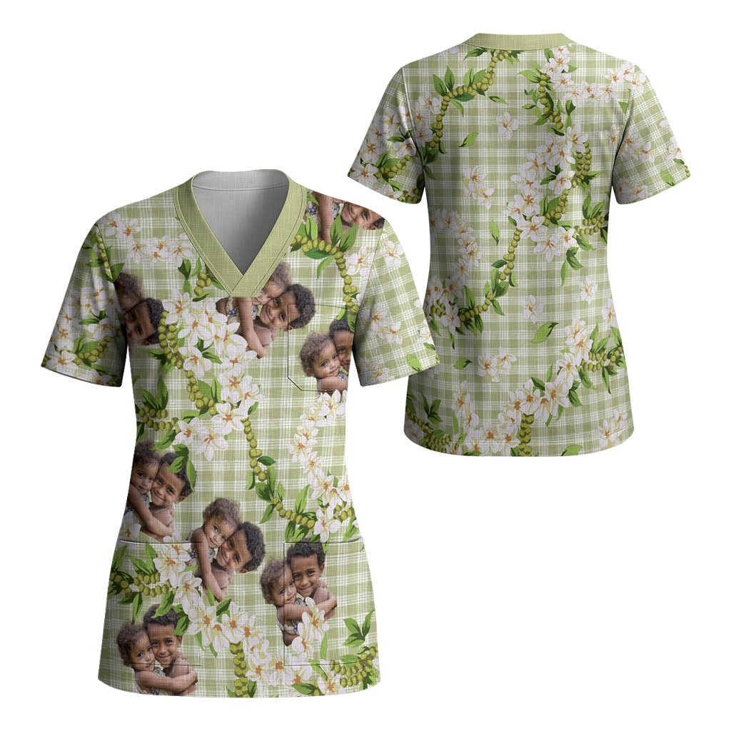 Custom Photo Hawaiian Palaka Scrub Top Mokihana Maile Ilima Leis CTM09 - Polynesian Pride