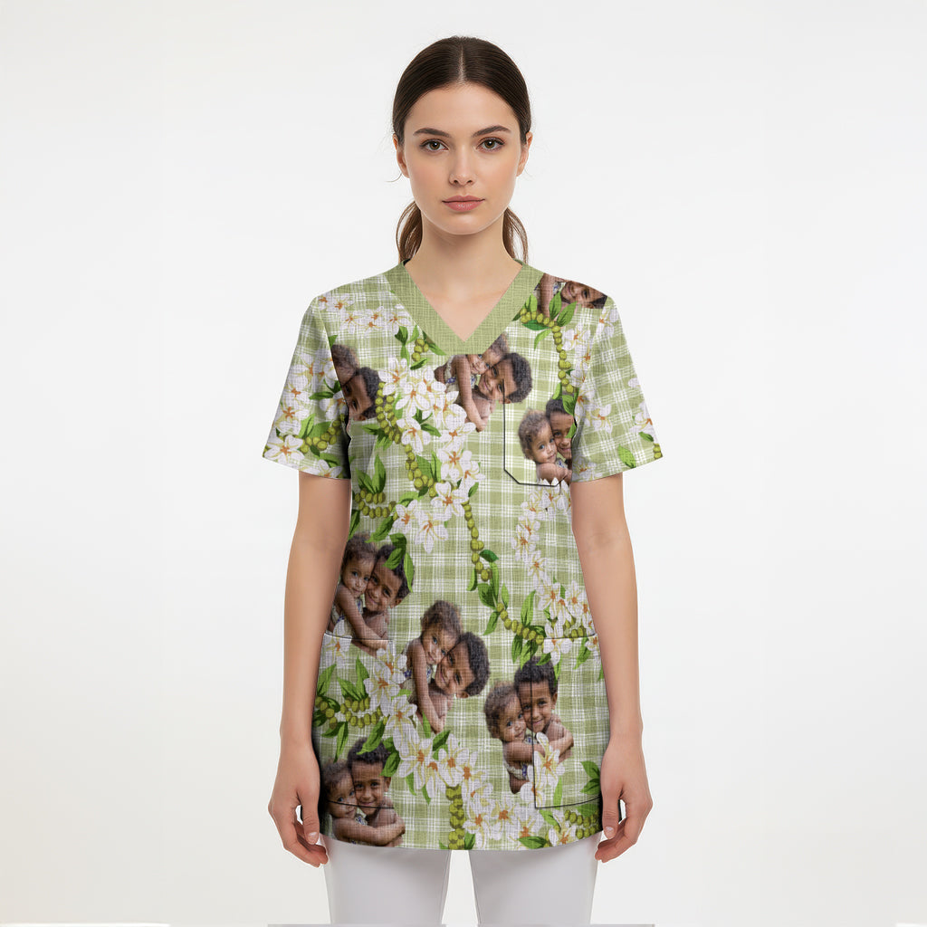 Custom Photo Hawaiian Palaka Scrub Top Mokihana Maile Ilima Leis CTM09 - Polynesian Pride