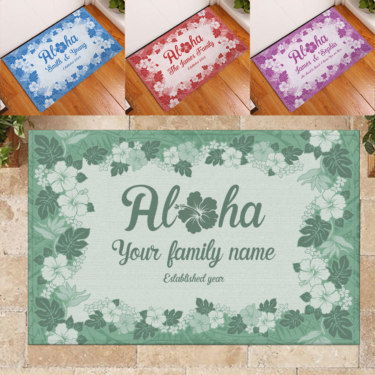 Custom Aloha Welcome Rubber Doormat with Family Name Hawaiian Tribal Tapa Pattern CTM09 Multicolor - Polynesian Pride