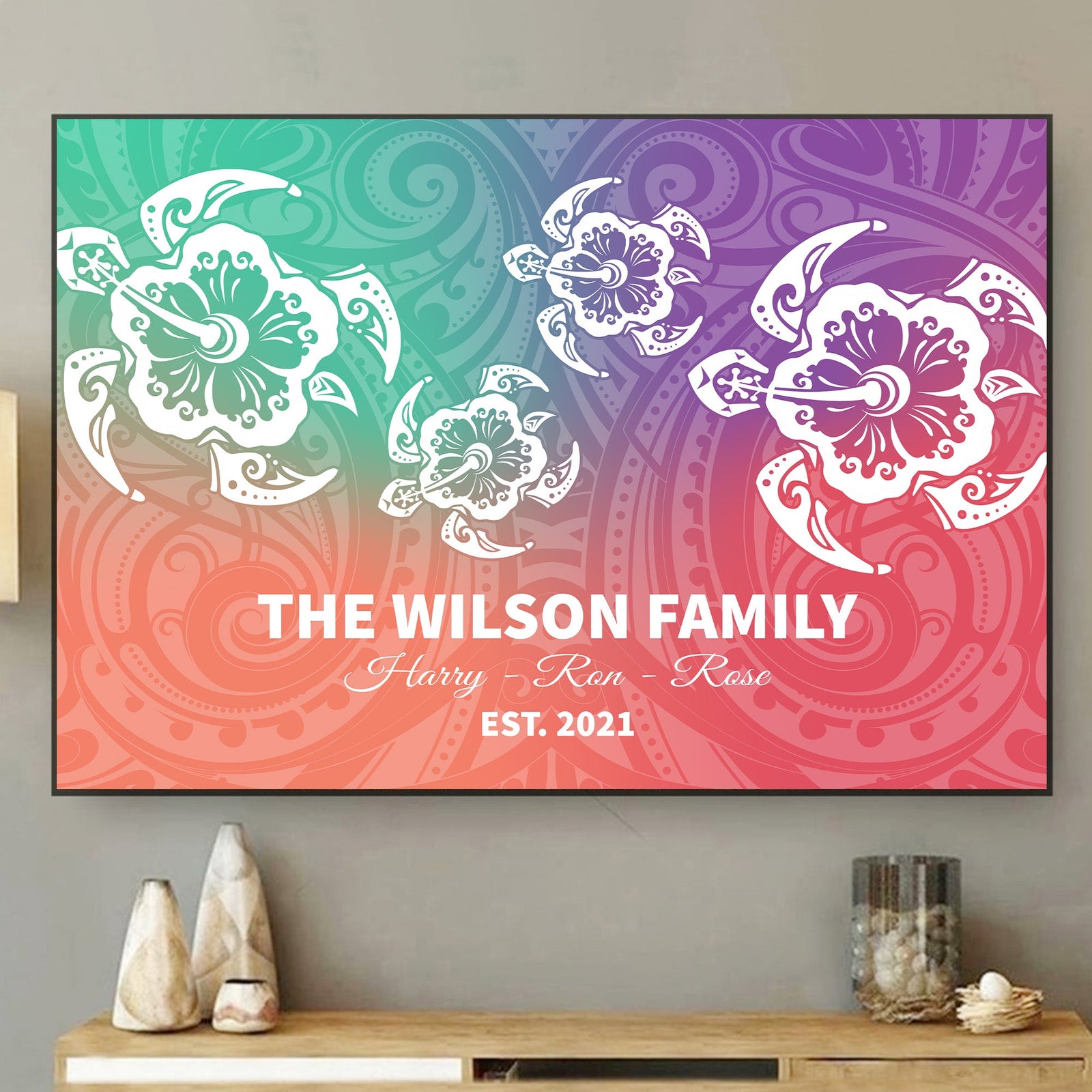 Custom Polynesian Turtle Family Retro Canvas Wall Art Together Forever Hibiscus Flower CTM09 Multicolor - Polynesian Pride
