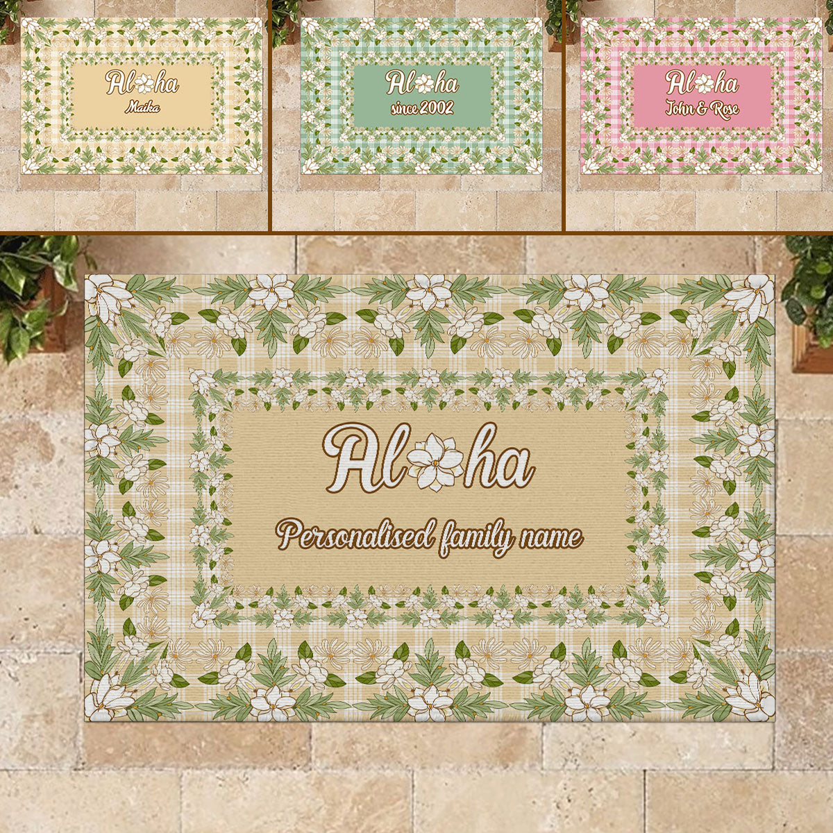 Custom Aloha Welcome Rubber Doormat with Family Name Squares Maile Leaf Palaka Hawaiian Pattern CTM09 Multicolor - Polynesian Pride
