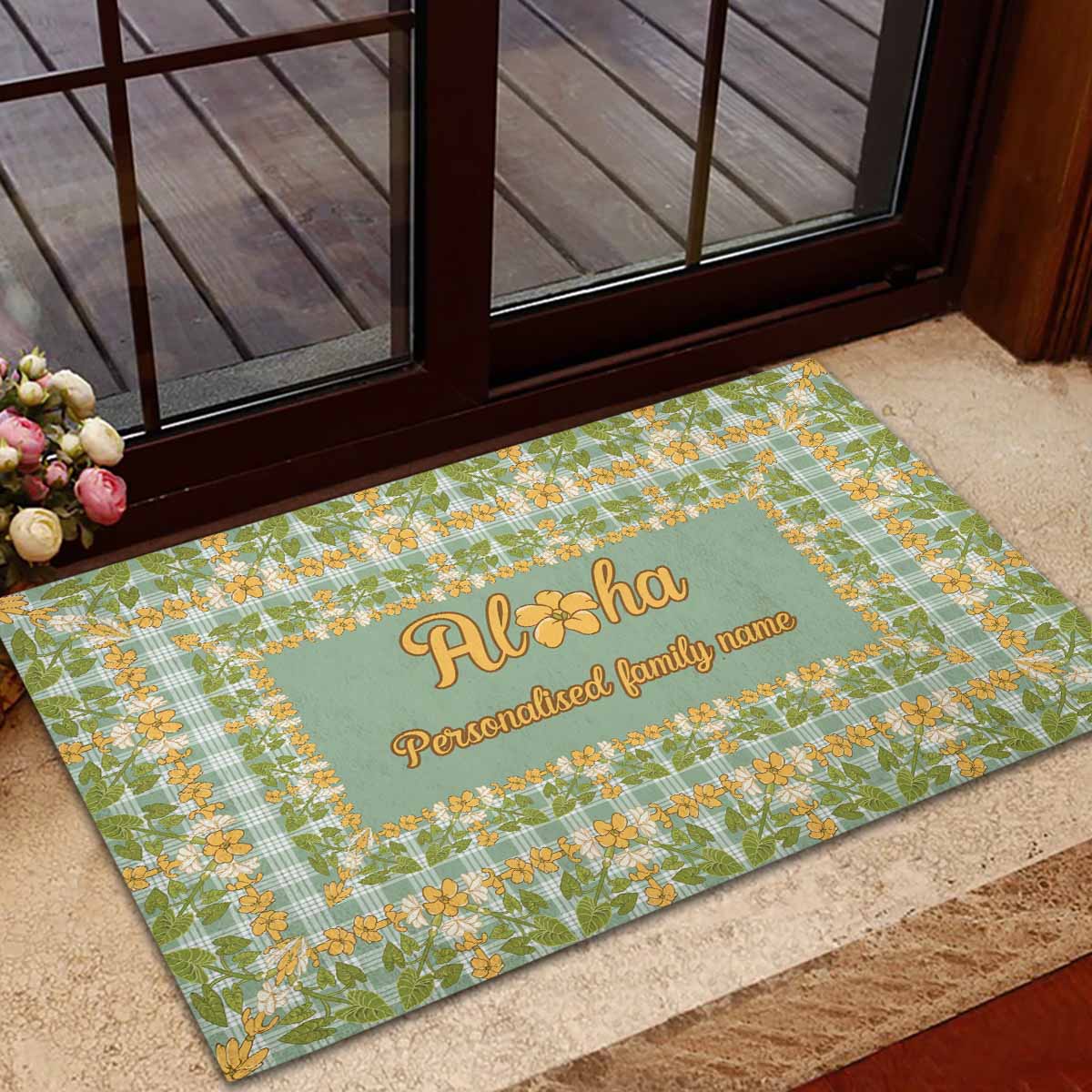 Custom Aloha Welcome Rubber Doormat with Family Name Squares Puakenikeni Kalo Palaka Pattern CTM09 Multicolor - Polynesian Pride