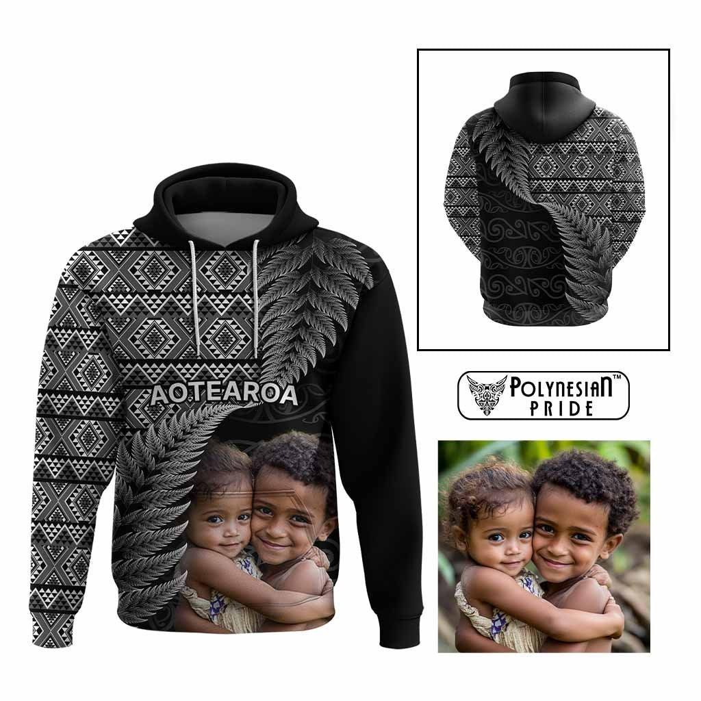 Custom Upload Image Aotearoa Silver Fern Hoodie Black Taniko Motif CTM09 Multicolor - Polynesian Pride