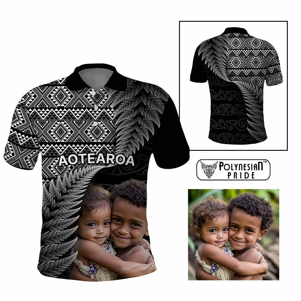 Custom Upload Image Aotearoa Silver Fern Polo Shirt Black Taniko Motif CTM09 Multicolor - Polynesian Pride