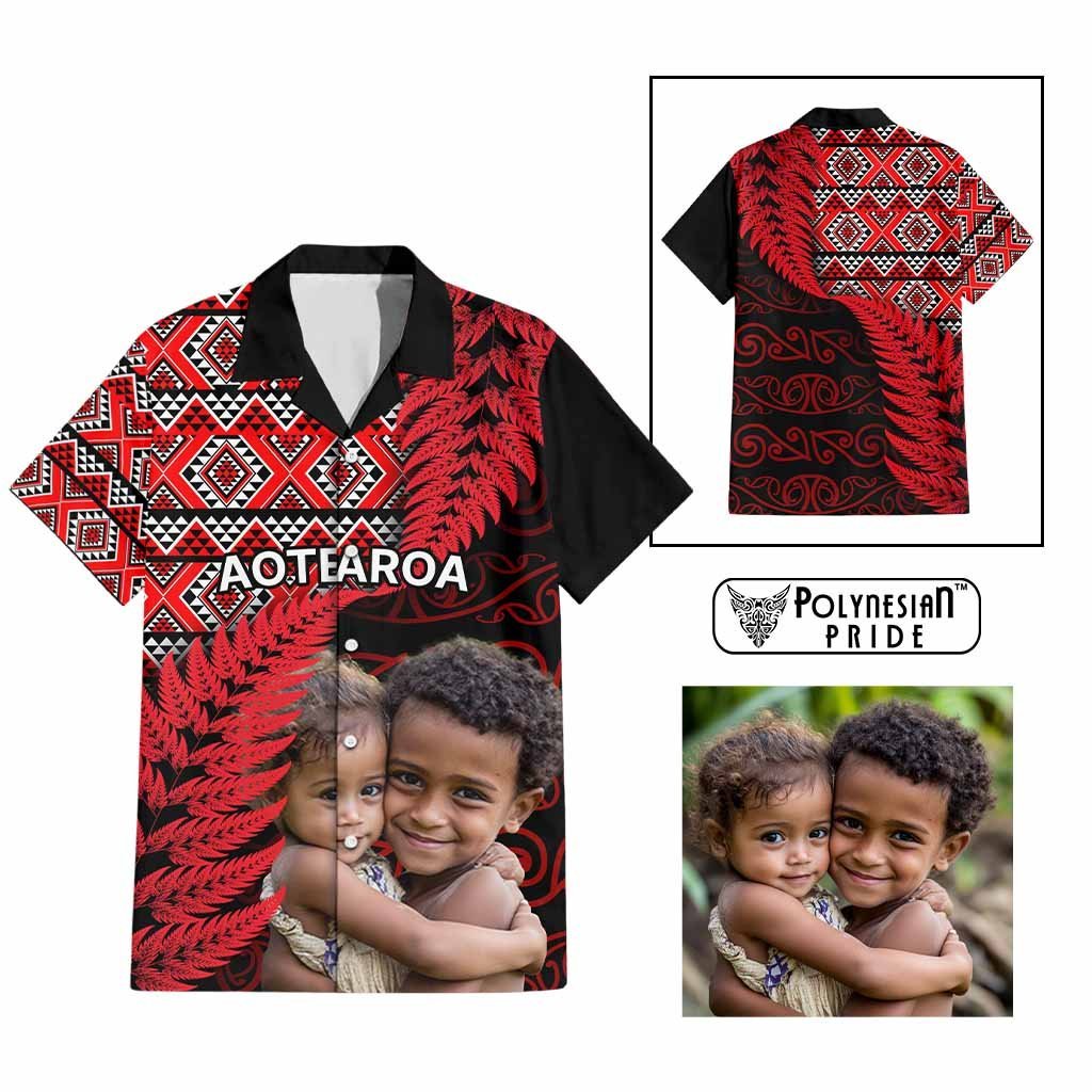 Custom Upload Image Aotearoa Silver Fern Hawaiian Shirt Red Taniko Motif CTM09 Multicolor - Polynesian Pride