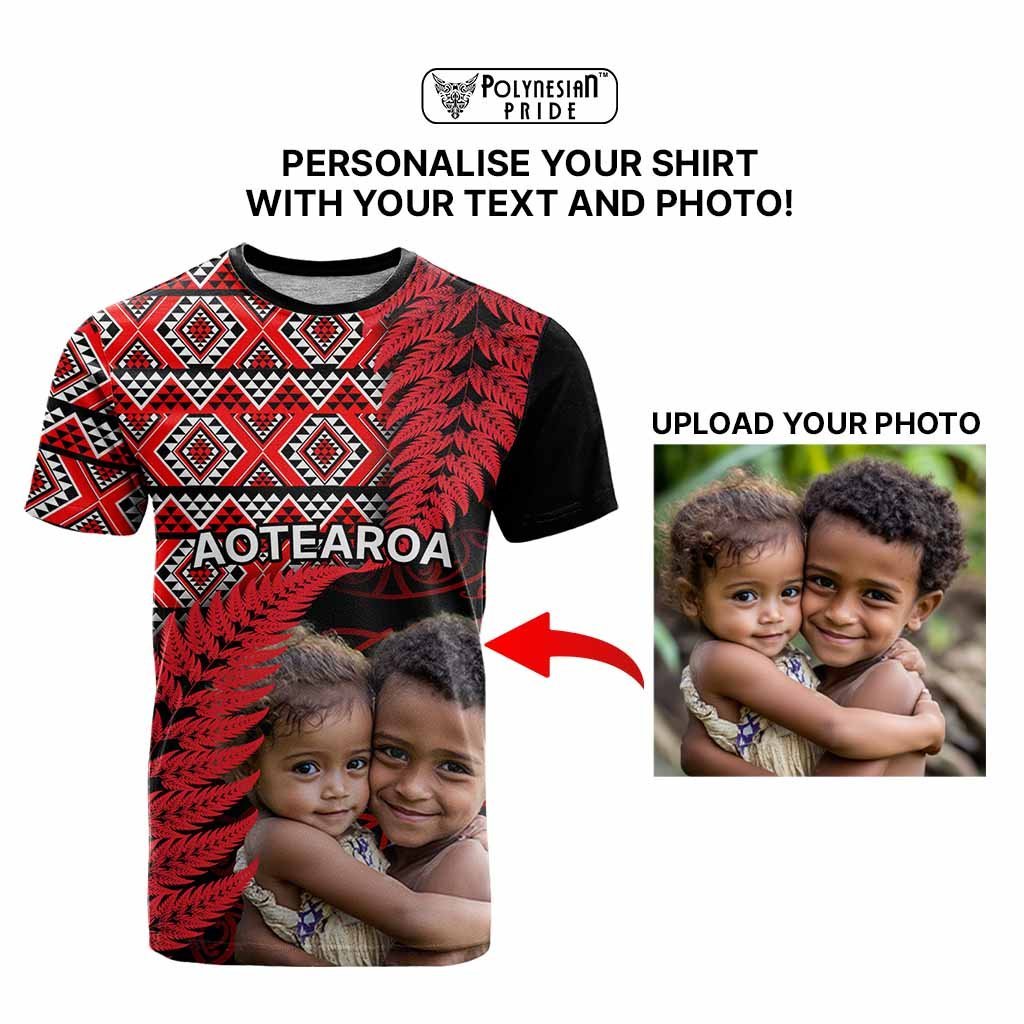 Custom Upload Image Aotearoa Silver Fern T Shirt Red Taniko Motif CTM09 - Polynesian Pride
