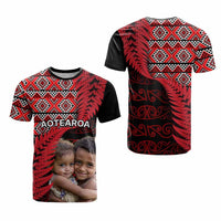 Custom Upload Image Aotearoa Silver Fern T Shirt Red Taniko Motif CTM09 - Polynesian Pride