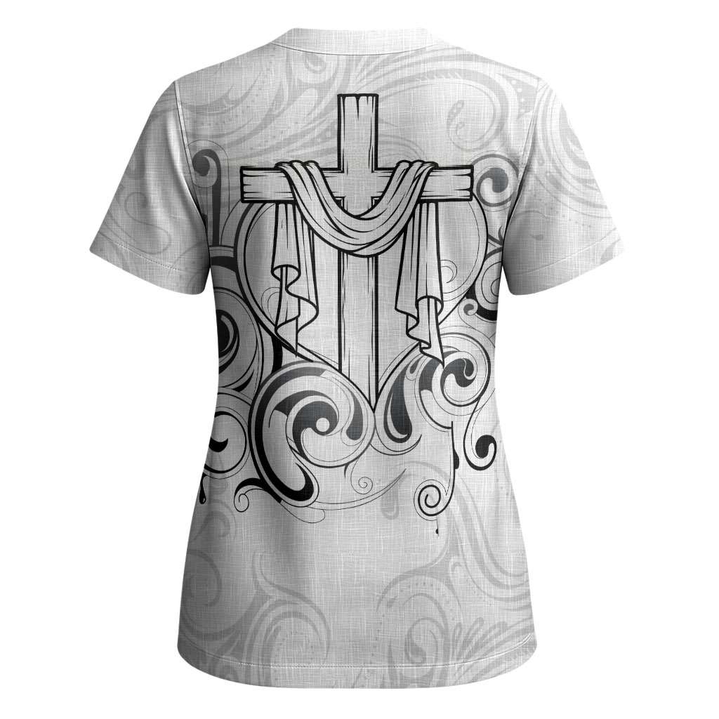 Custom Photo Name Polynesian White Sunday Scrub Top Tribal Art Heart with Cross CTM09 - Polynesian Pride
