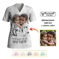 Custom Photo Name Polynesian White Sunday Scrub Top Tribal Art Heart with Cross CTM09 - Polynesian Pride