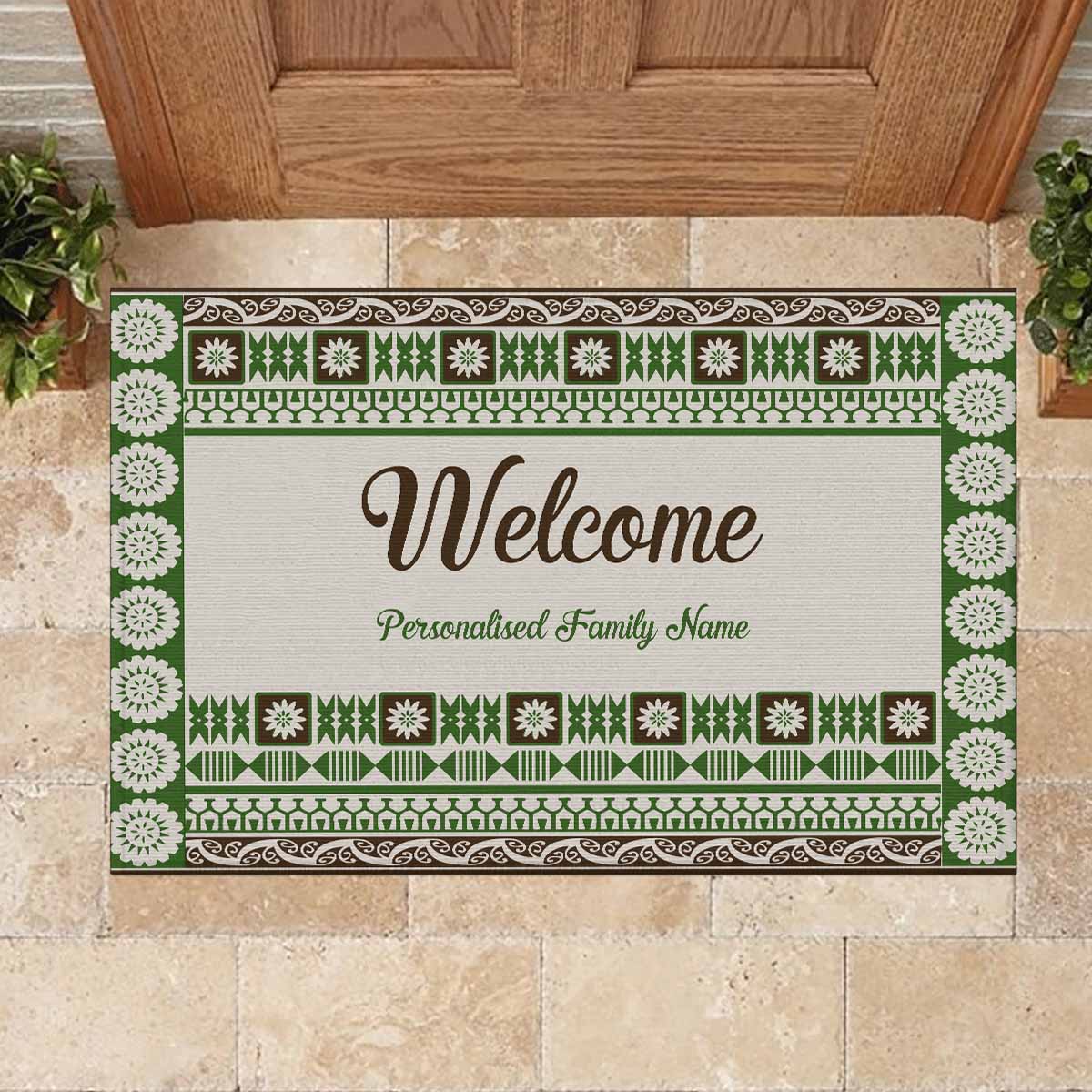 Custom Bula Fiji Family Name Rubber Doormat Green Fijian Tribal Tapa Pattern CTM09 Multicolor - Polynesian Pride