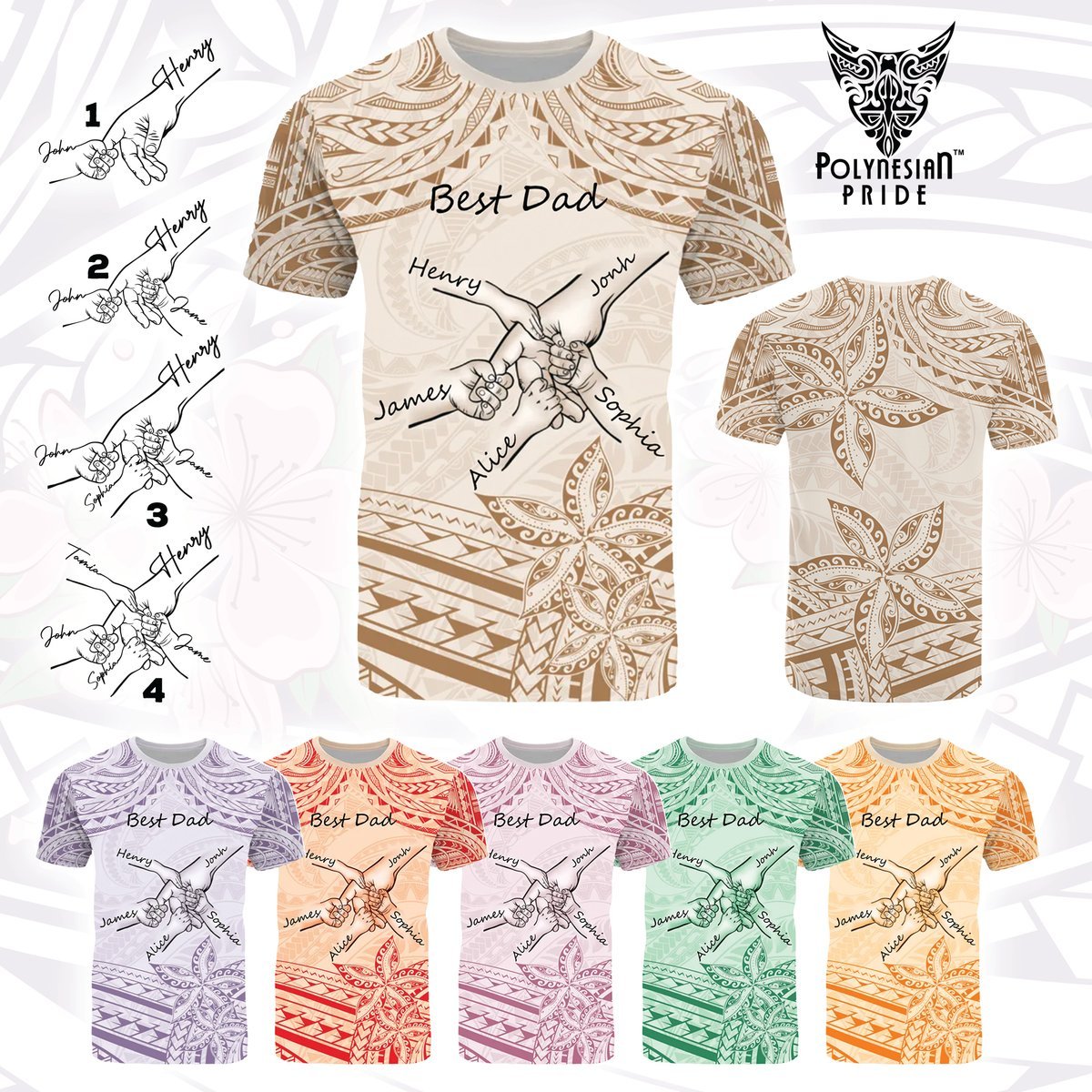Custom Father's Day Fist Bump Dad and Baby Hands Holding T Shirt - Plumeria Floral Tribal Tattoo Unique CTM09 Multicolor - Polynesian Pride
