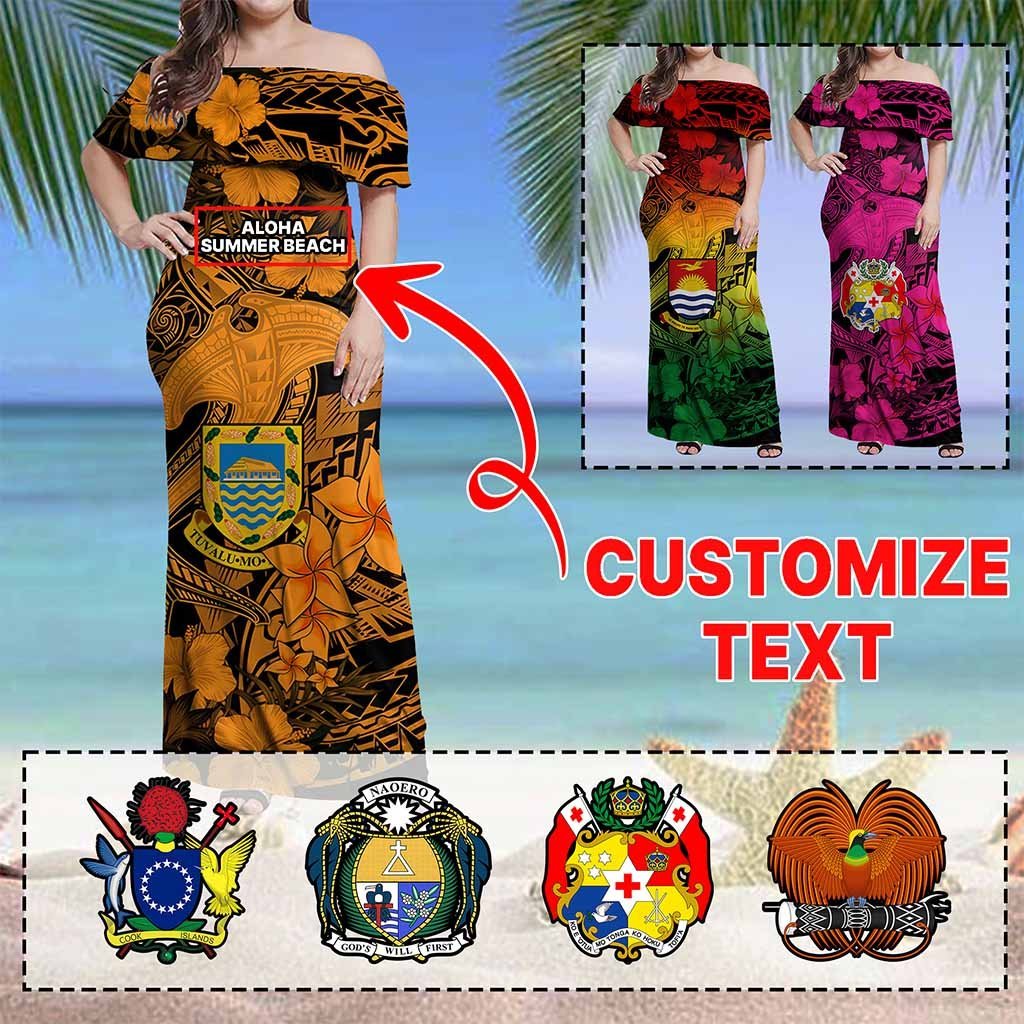Custom Hawaii Tropical Off Shoulder Maxi Dress Hammerhead Shark and Coat of Arm Polynesian Island CTM09 Women Multicolor - Polynesian Pride