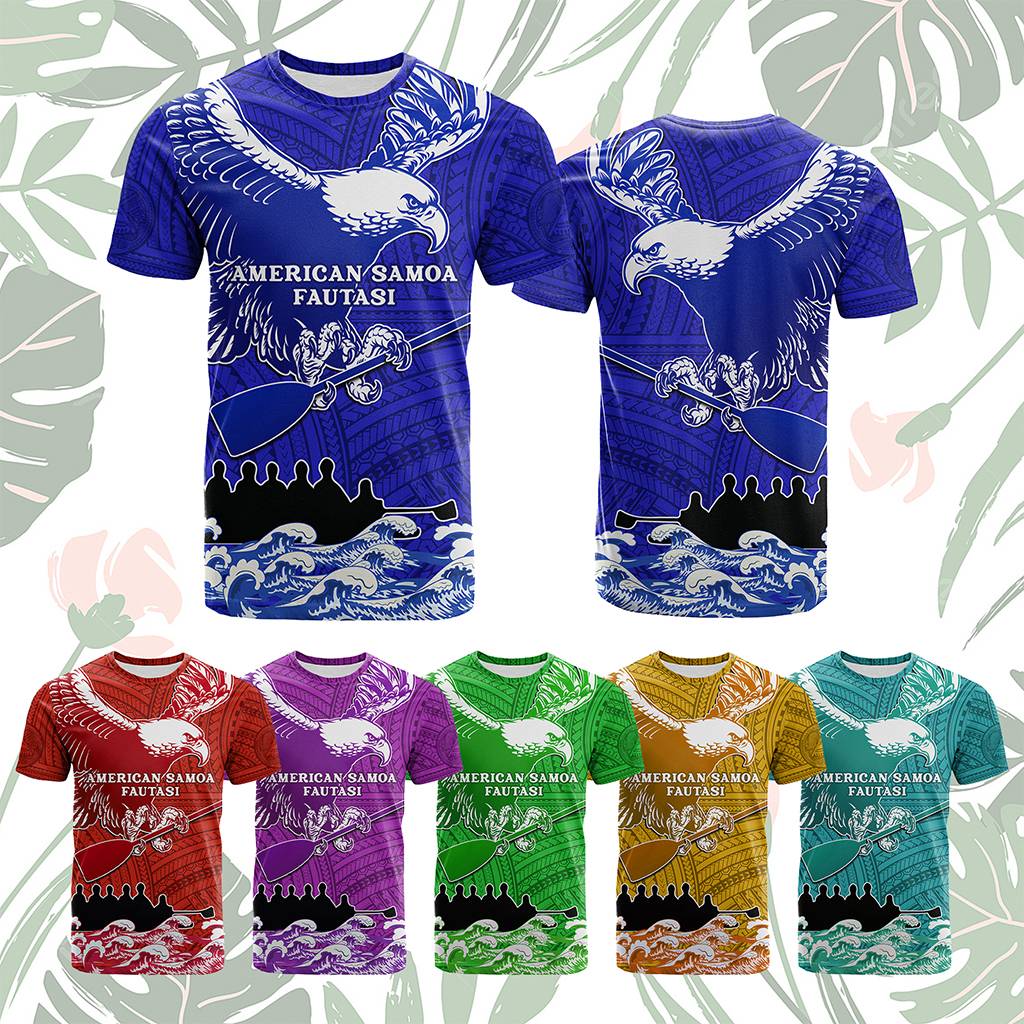 Custom American Samoa Fautasi Race T Shirt Eagle With Polynesian Pattern CTM14 Multicolor - Polynesian Pride