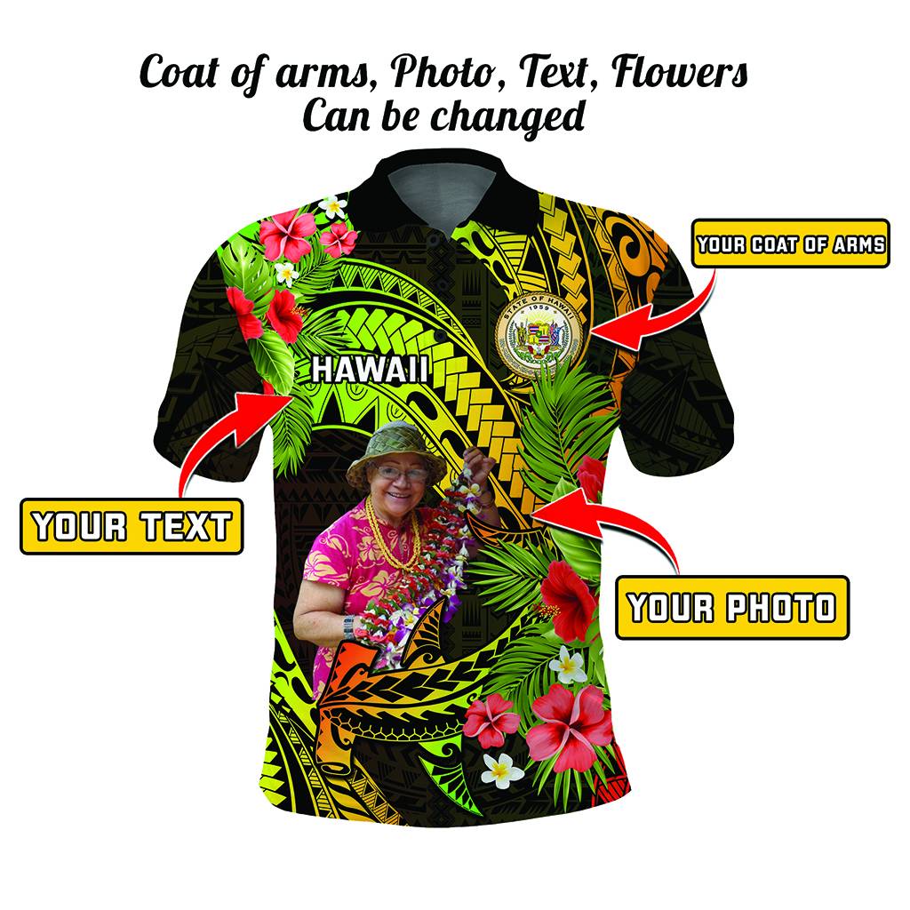 Custom Photo Polynesian Countries Polo Shirt Flowers Hammerhead Shark With Coat of Arms CTM14 Reggae - Polynesian Pride