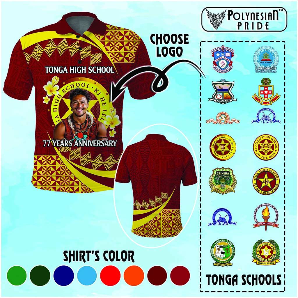 Custom Photo Tonga Schools Polo Shirt Happy Anniversary Tongan Schools Logo With Ngatu Pattern CTM14 Multicolor - Polynesian Pride